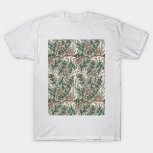 Botanicals and Dots - Hand Drawn Design - Dark Green, Red, Beige, and Moss Green T-Shirt